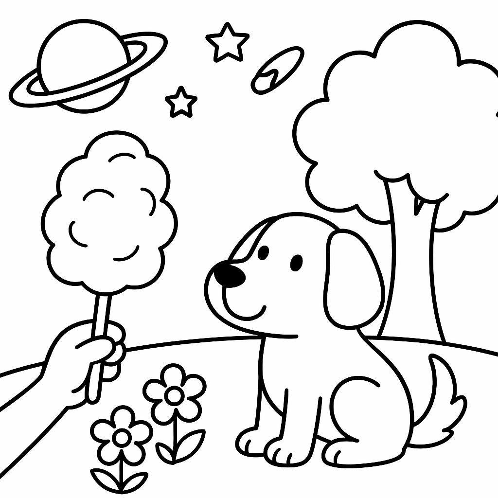 candifloss, dog, flowers, ham, outer space, tree