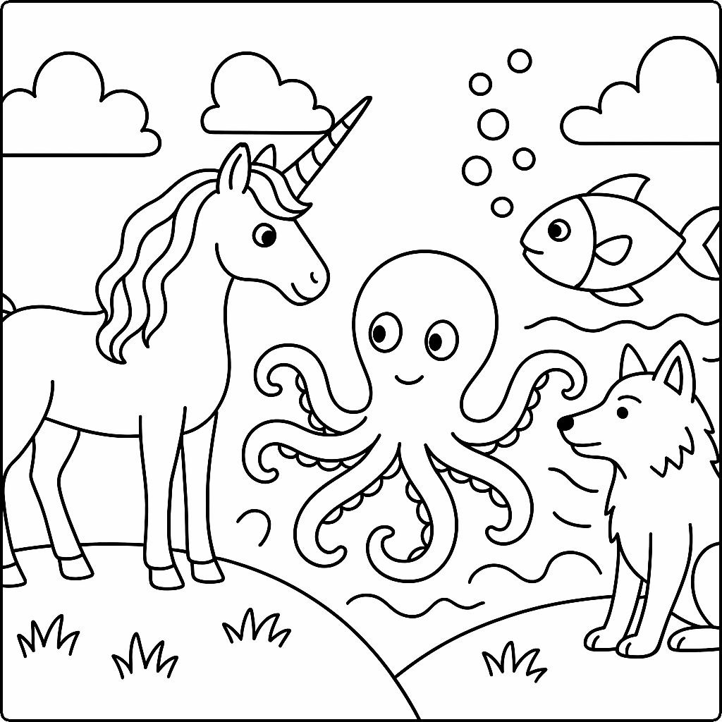 fish, octopus, unicorn, wolf