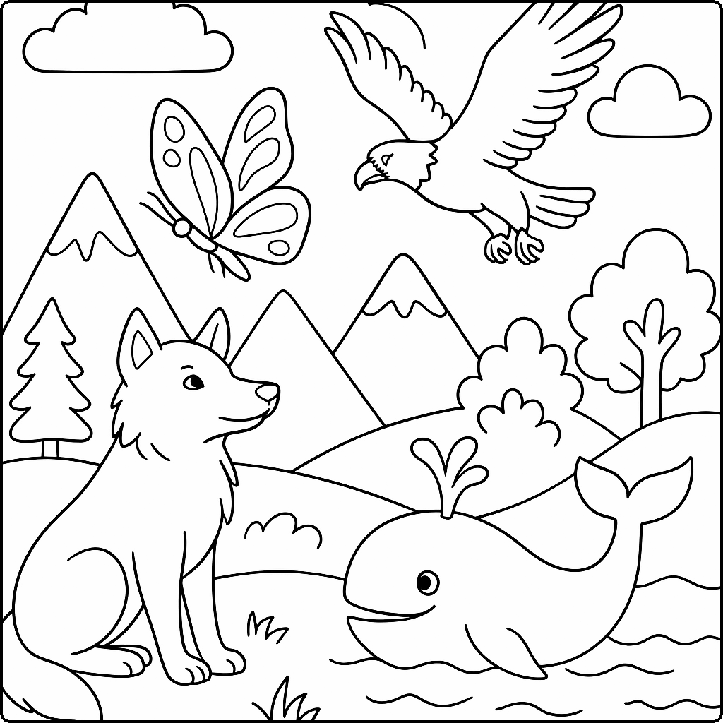 butterfly, eagle, whale, wolf