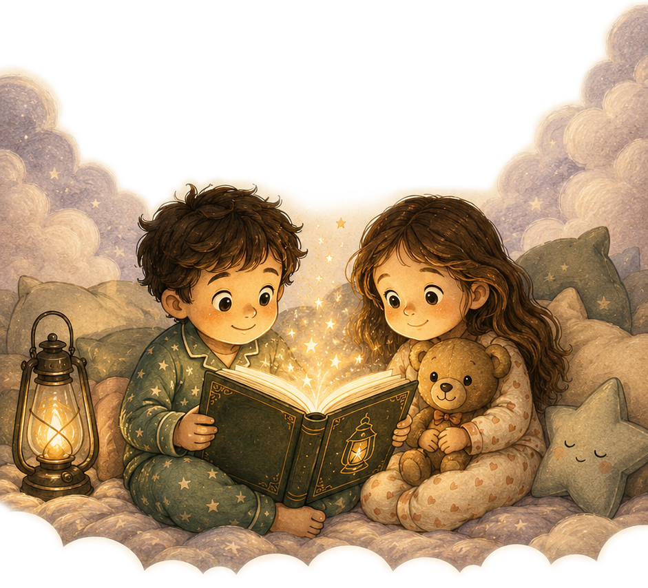 Two children reading a magical glowing book at bedtime