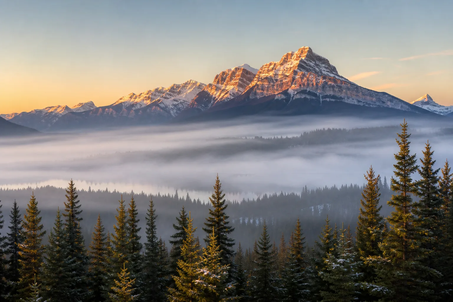 Sunrise light on snow-dusted peaks above the Bow Valley near Canmore