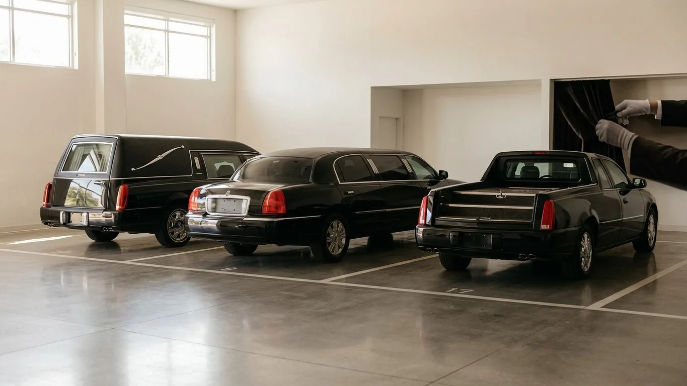 A hearse, limousine, and flower car parked inside a clean funeral home garage.