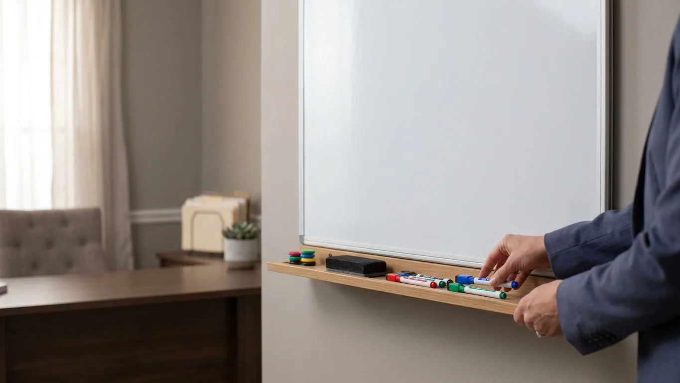 A clean office whiteboard with a few markers on the tray.