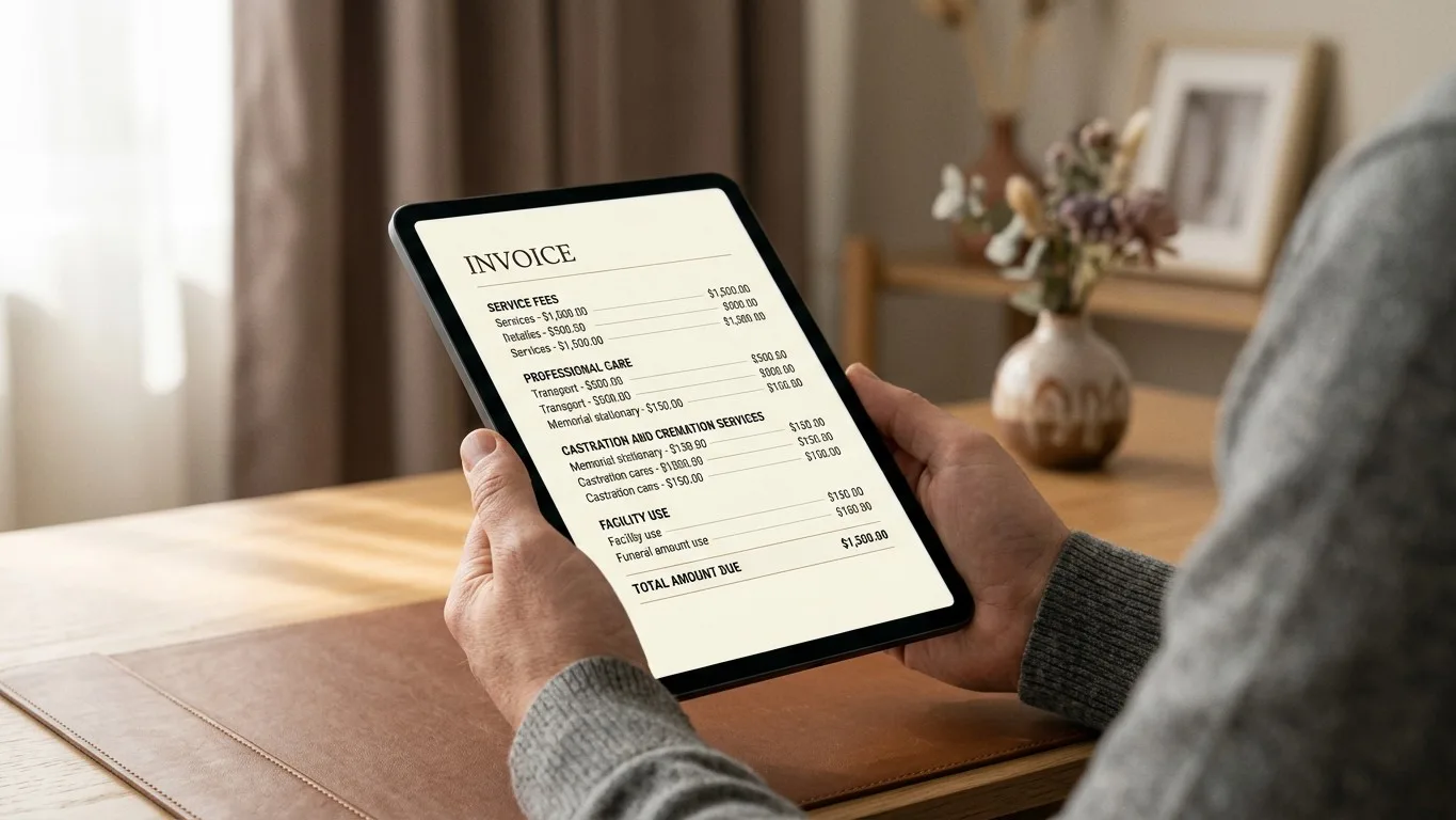 Hands holding a tablet displaying a digital invoice for funeral services.