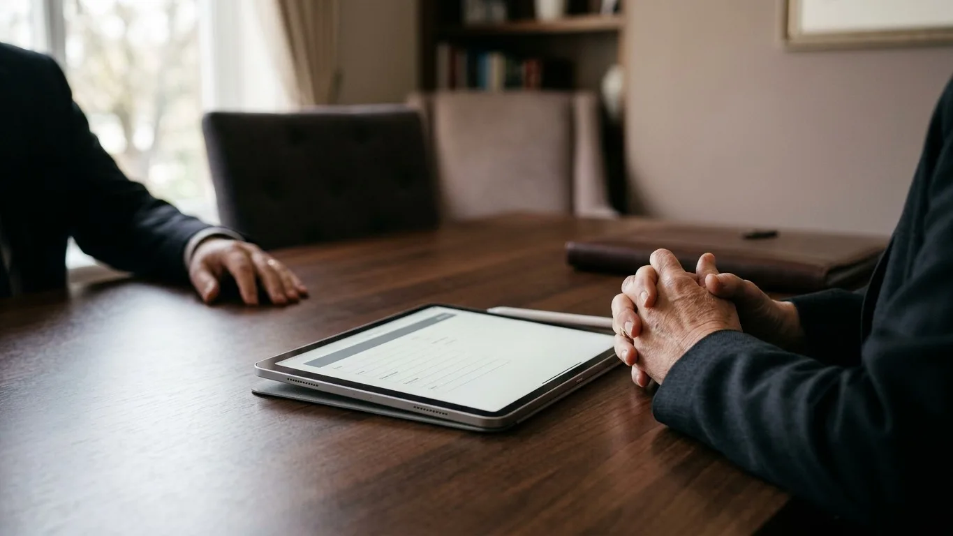 A funeral director's hands resting on a desk next to a tablet during an arrangement conference.