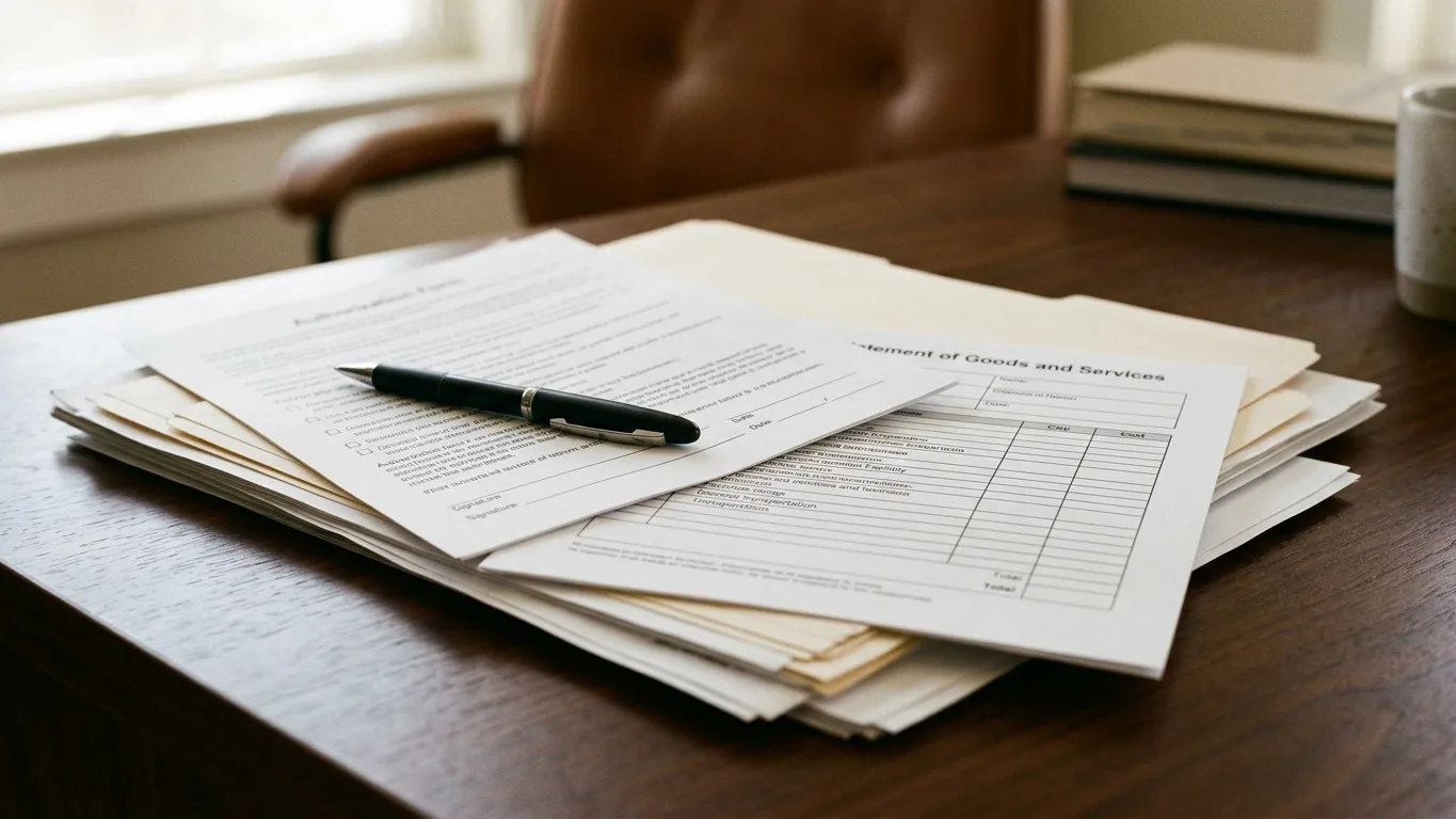 A stack of funeral home authorization forms and contracts on a desk.