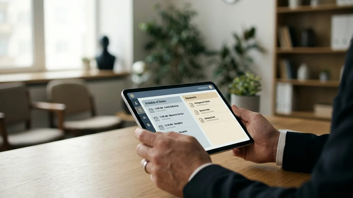 Funeral director holding a tablet showing the Kindred family portal.
