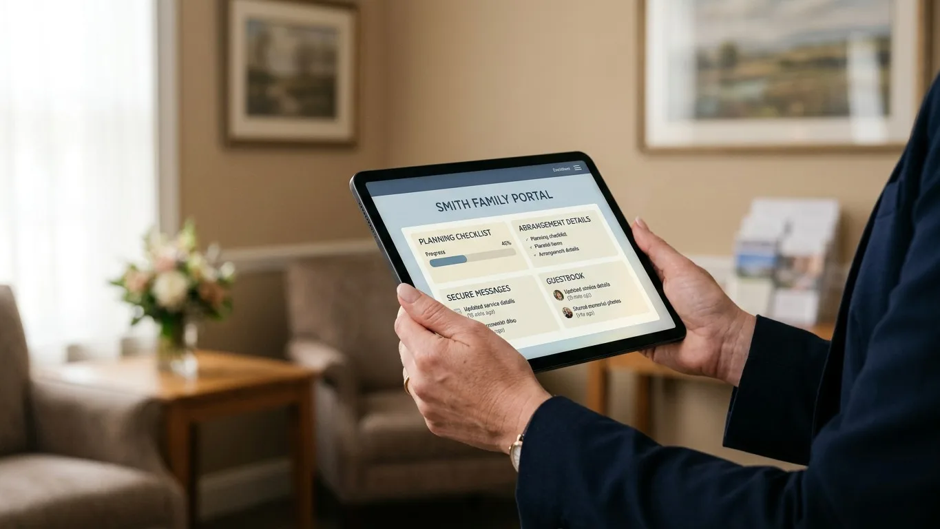 A funeral director views a family portal on a tablet in an arrangement room.