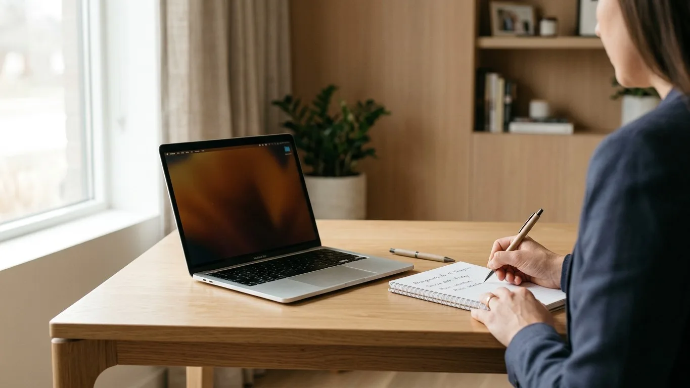A laptop and a notepad with handwritten notes on a desk in a funeral home office.