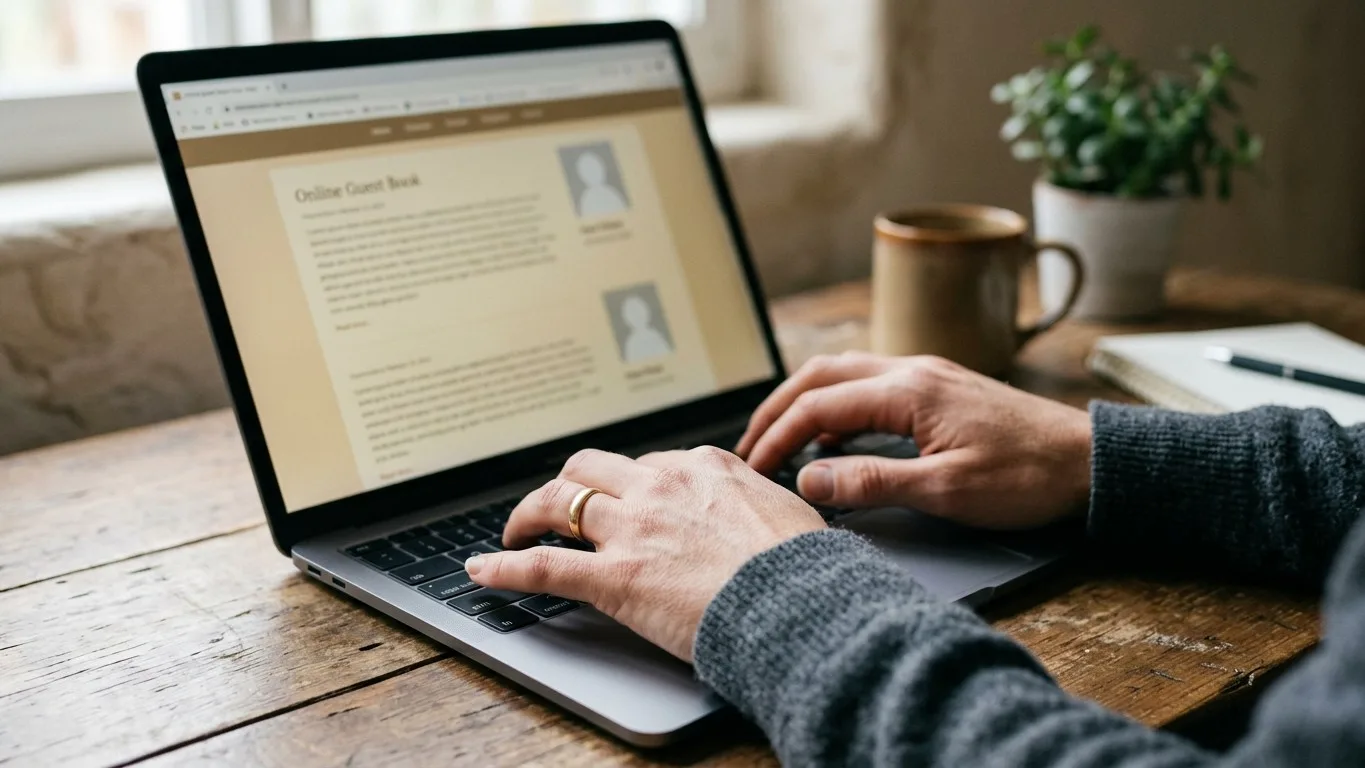 Hands typing on a laptop, with an online obituary tribute wall on the screen.