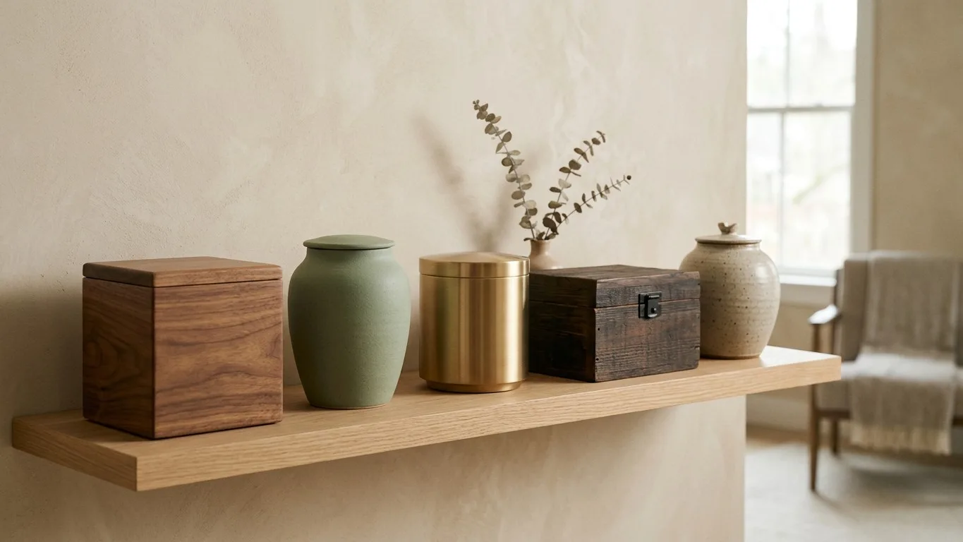 A shelf with a curated selection of five different cremation urns.