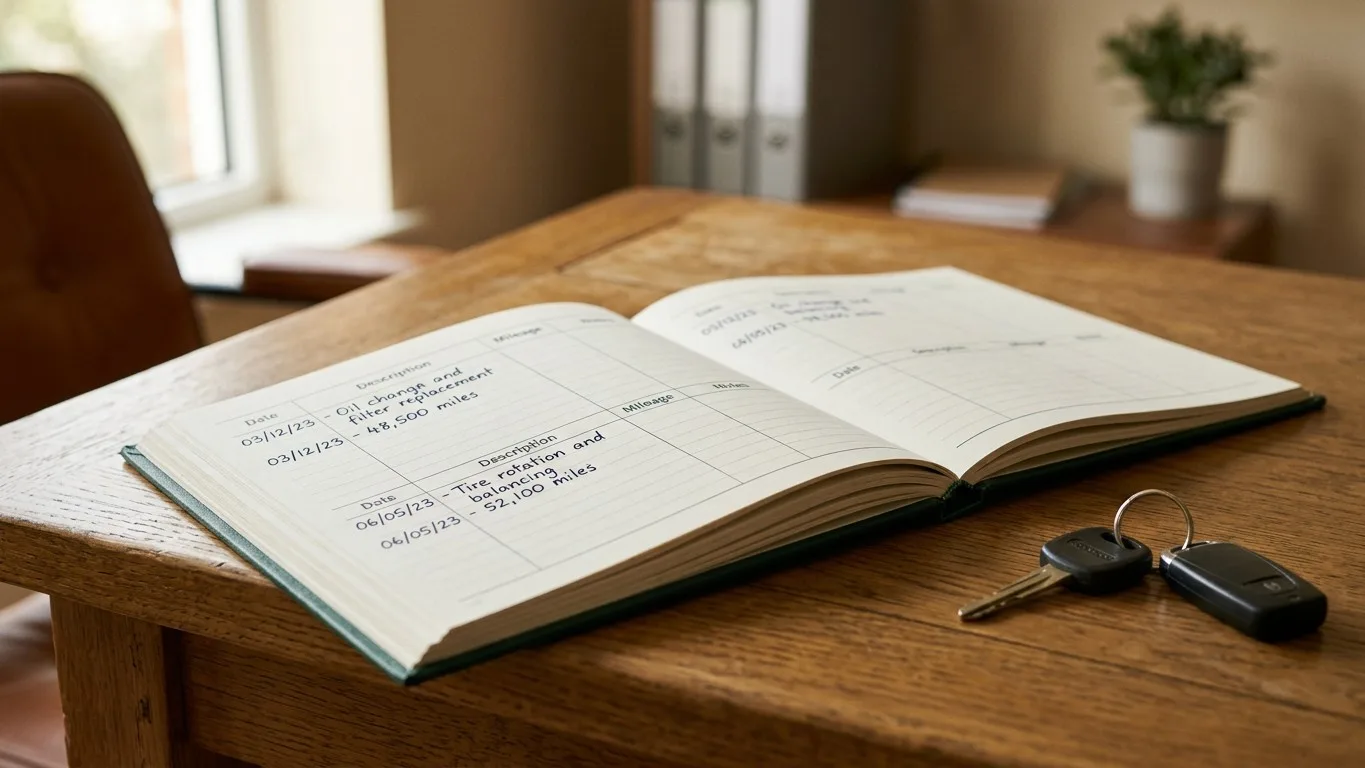 An open vehicle maintenance logbook with handwritten entries on a desk.