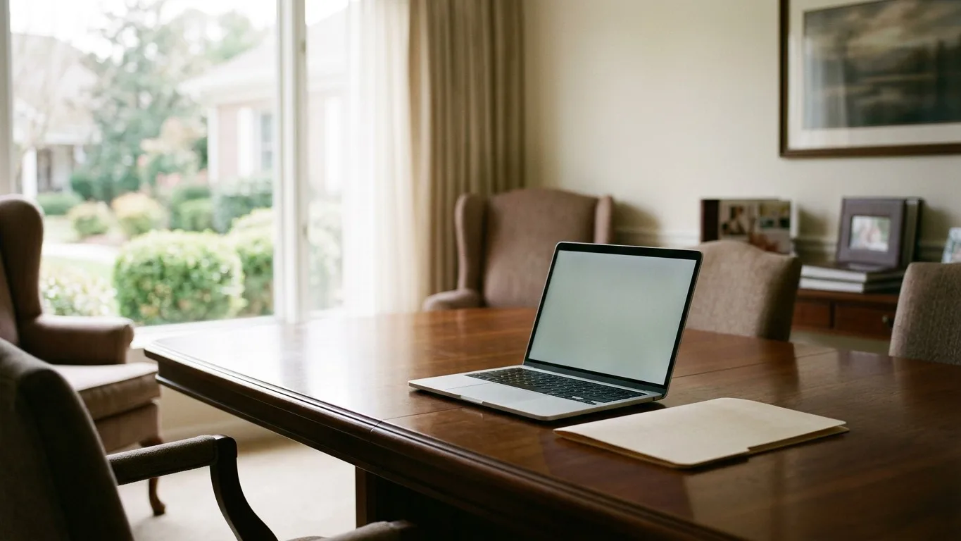 An open laptop and a paper folder on a table in a sunlit funeral home arrangement room.