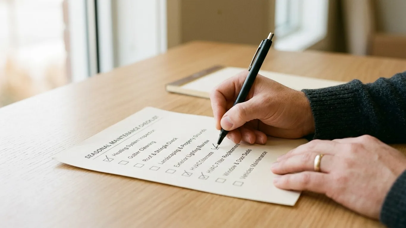 A hand writes on a seasonal maintenance checklist for a funeral home.