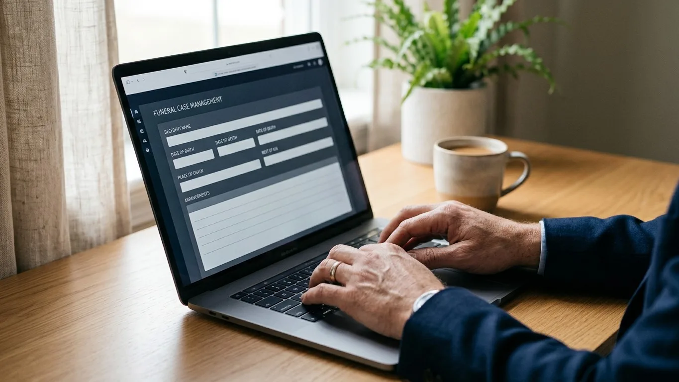 A person's hands entering information into a digital case file on a laptop.