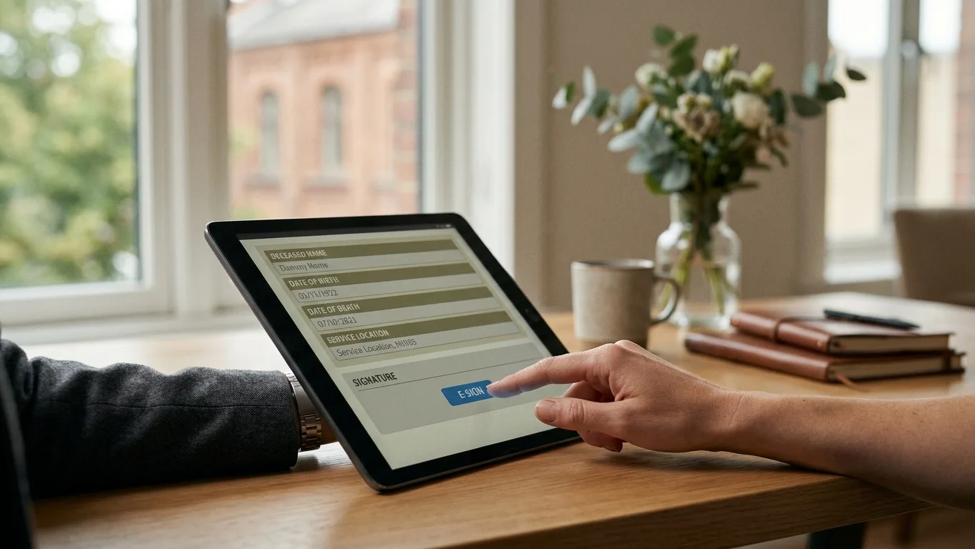 A person's hand holding a tablet displaying a document ready for electronic signature.