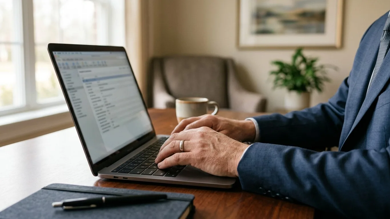 A funeral director's hands typing on a laptop.