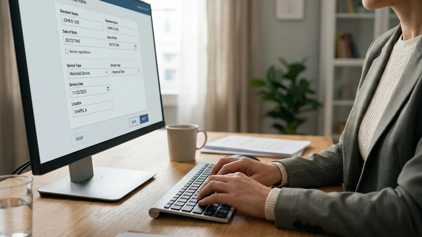 Hands typing on a keyboard, with a funeral home software interface showing a pre-filled form on screen.