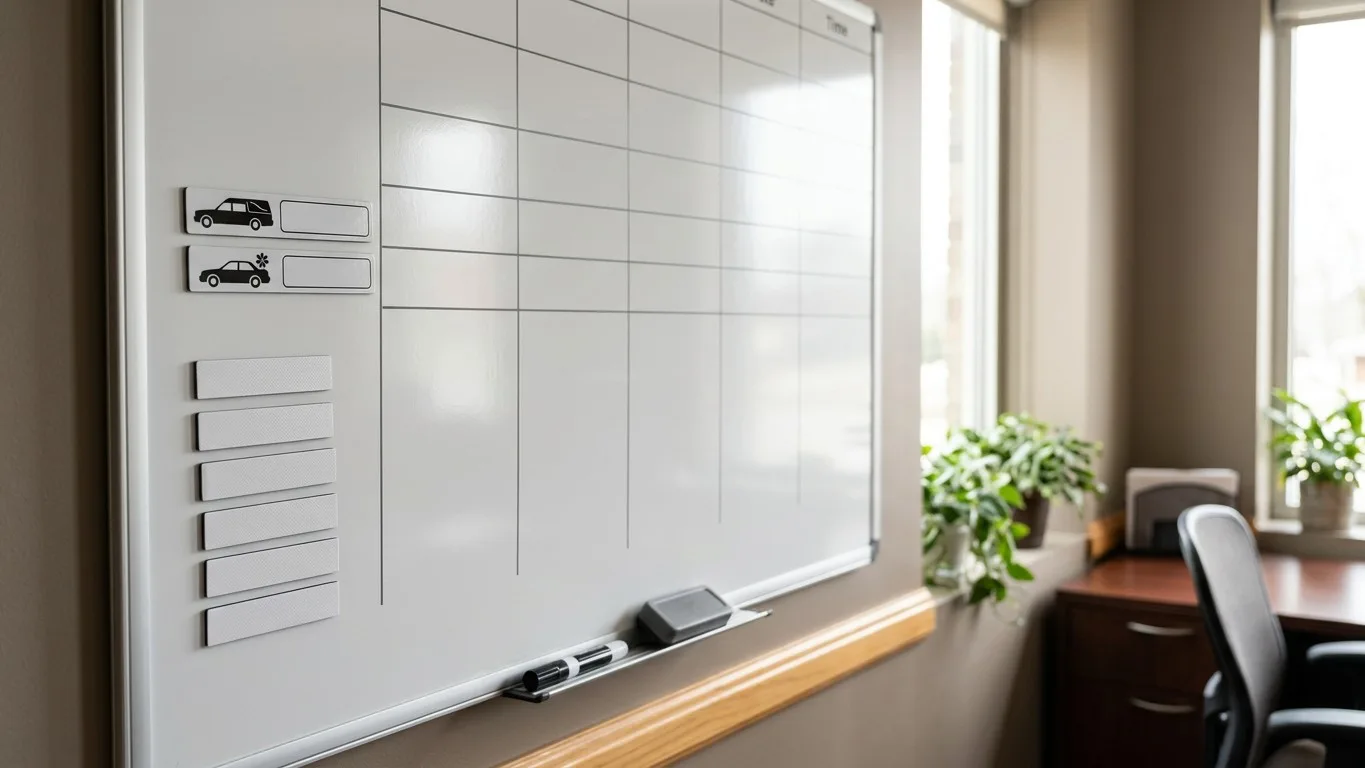 An empty scheduling whiteboard in a funeral home with magnetic vehicle and staff labels.