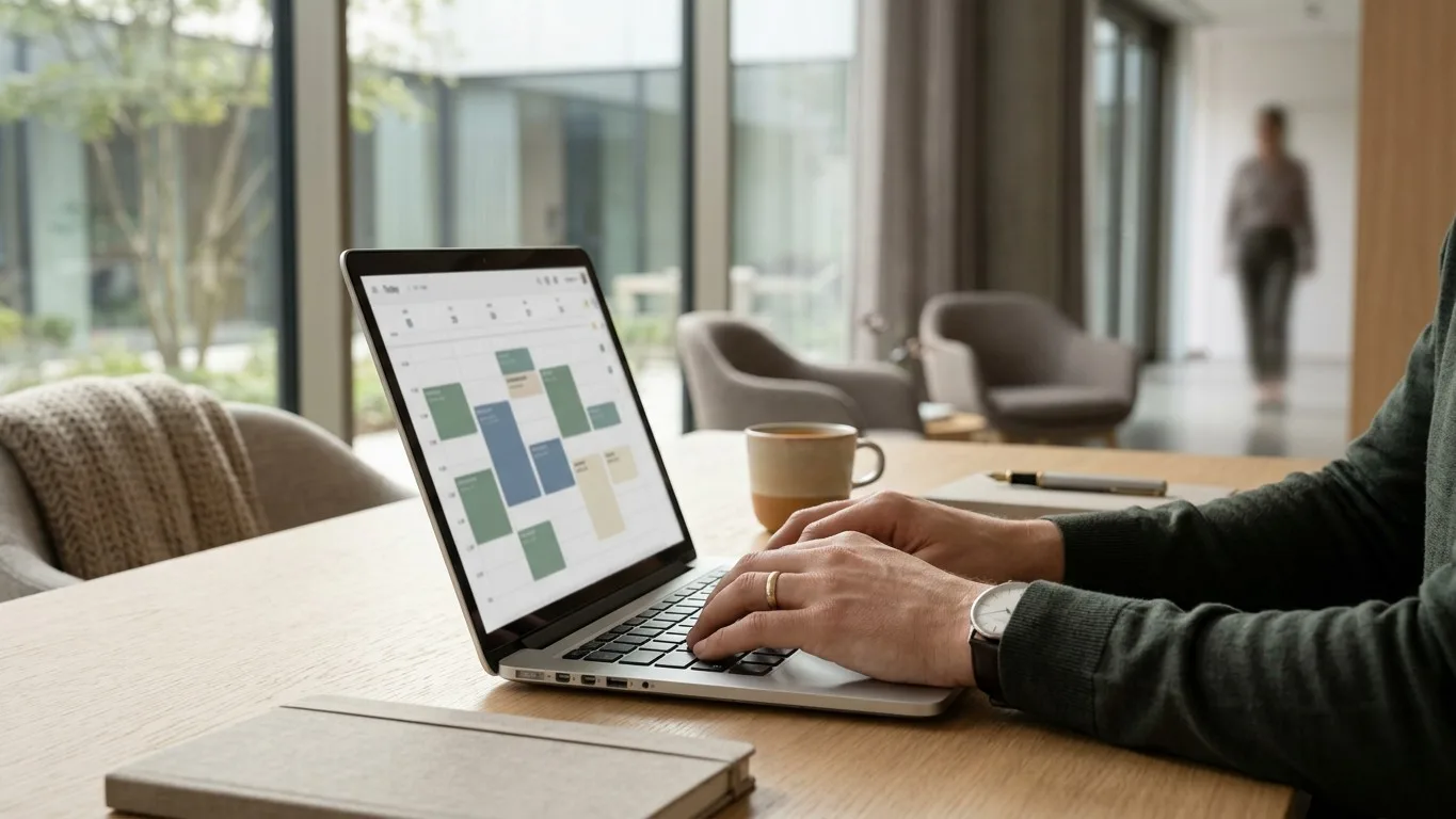 Hands of a funeral home staff member updating a digital calendar on a laptop.