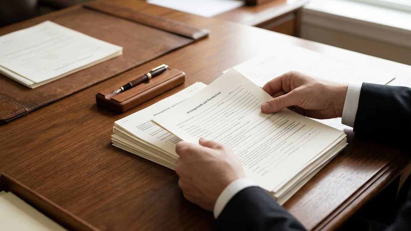 A funeral director's hands neatly stacking compliance paperwork on a desk.
