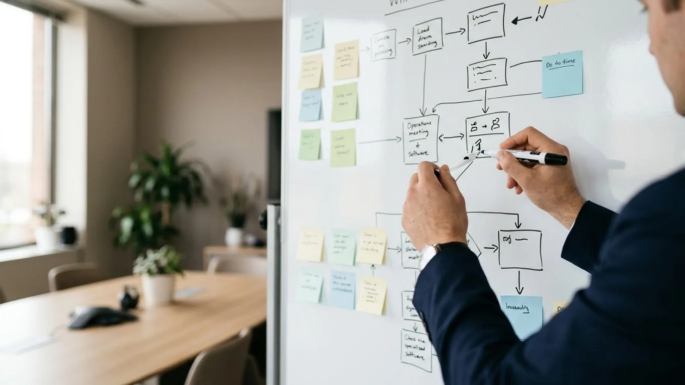 A person's hands mapping out a funeral home workflow on a whiteboard.