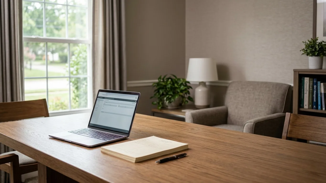 Laptop and paperwork on a table in a quiet funeral home arrangement room.