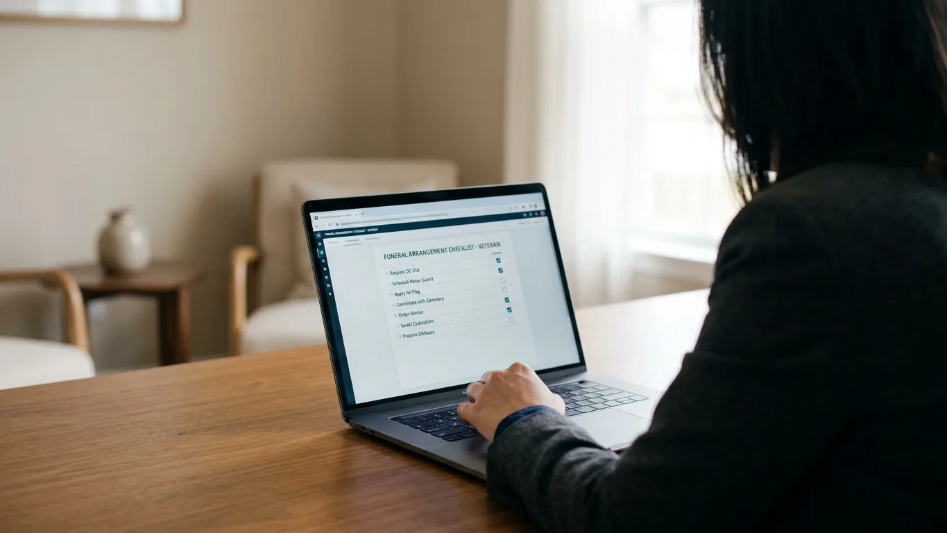 A funeral director reviews a veteran services checklist in their funeral home software.