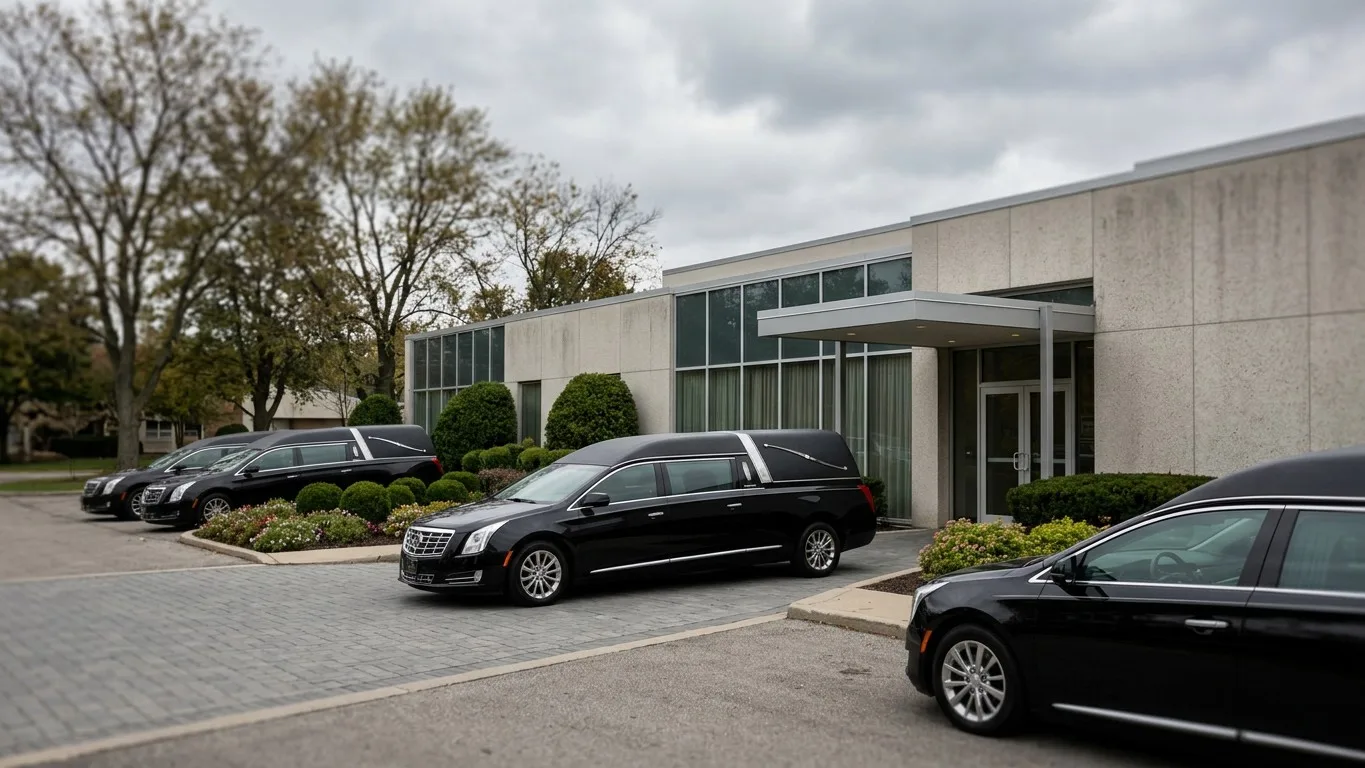 A line of black hearses parked neatly in front of a funeral home.