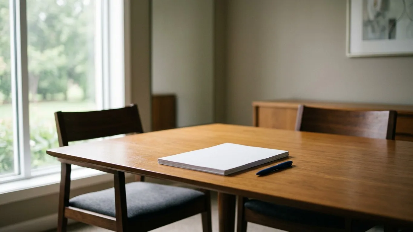 An empty arrangement room with a wooden table, chairs, and a neat stack of paperwork.