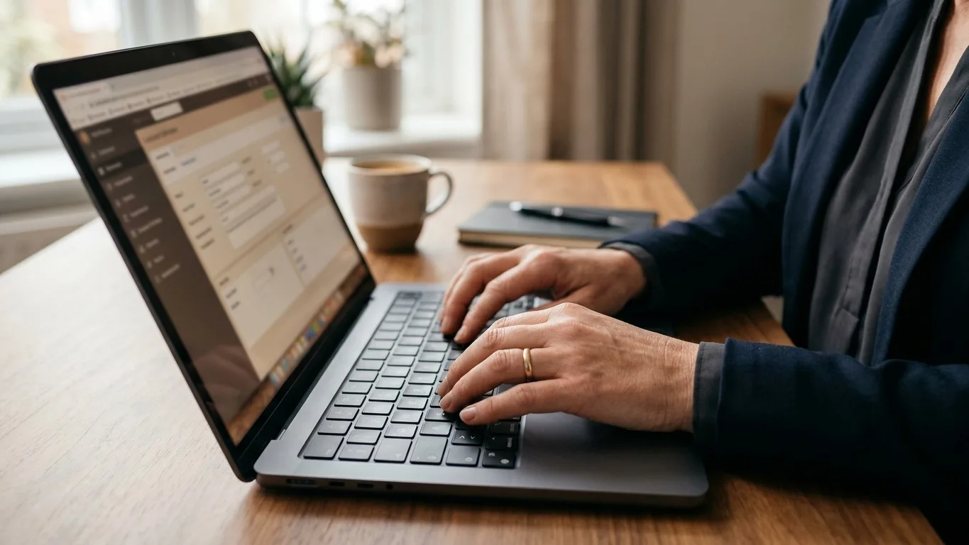 Hands of a funeral director typing on a laptop, using funeral home software.