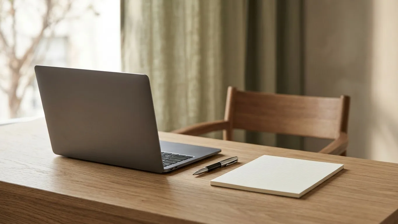A desk in a funeral home arrangement room with a laptop and notepad, ready for a meeting.