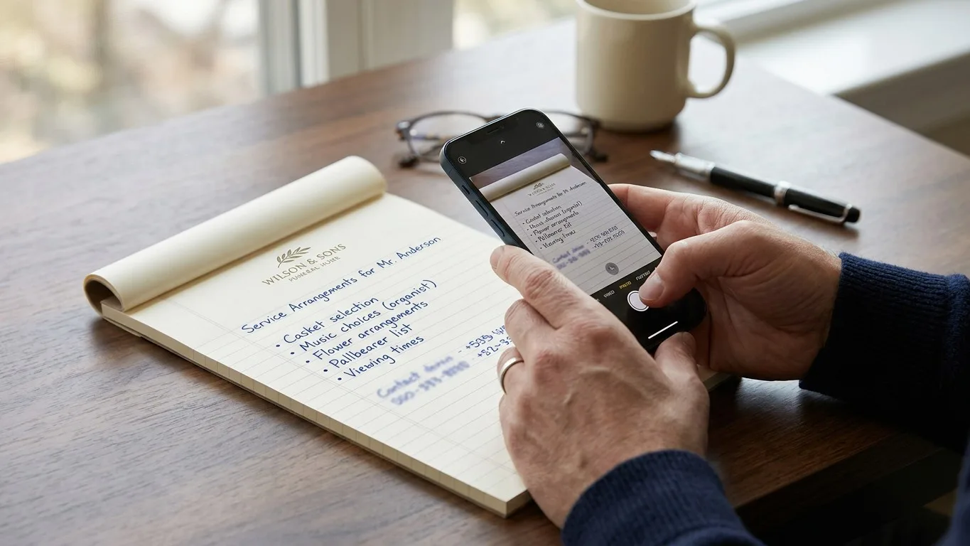 Hands holding a smartphone to photograph handwritten notes on a desk.