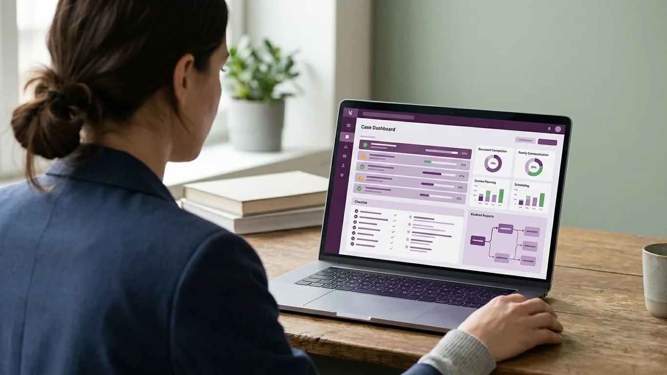 A funeral professional uses case management software on a laptop to track workflows.