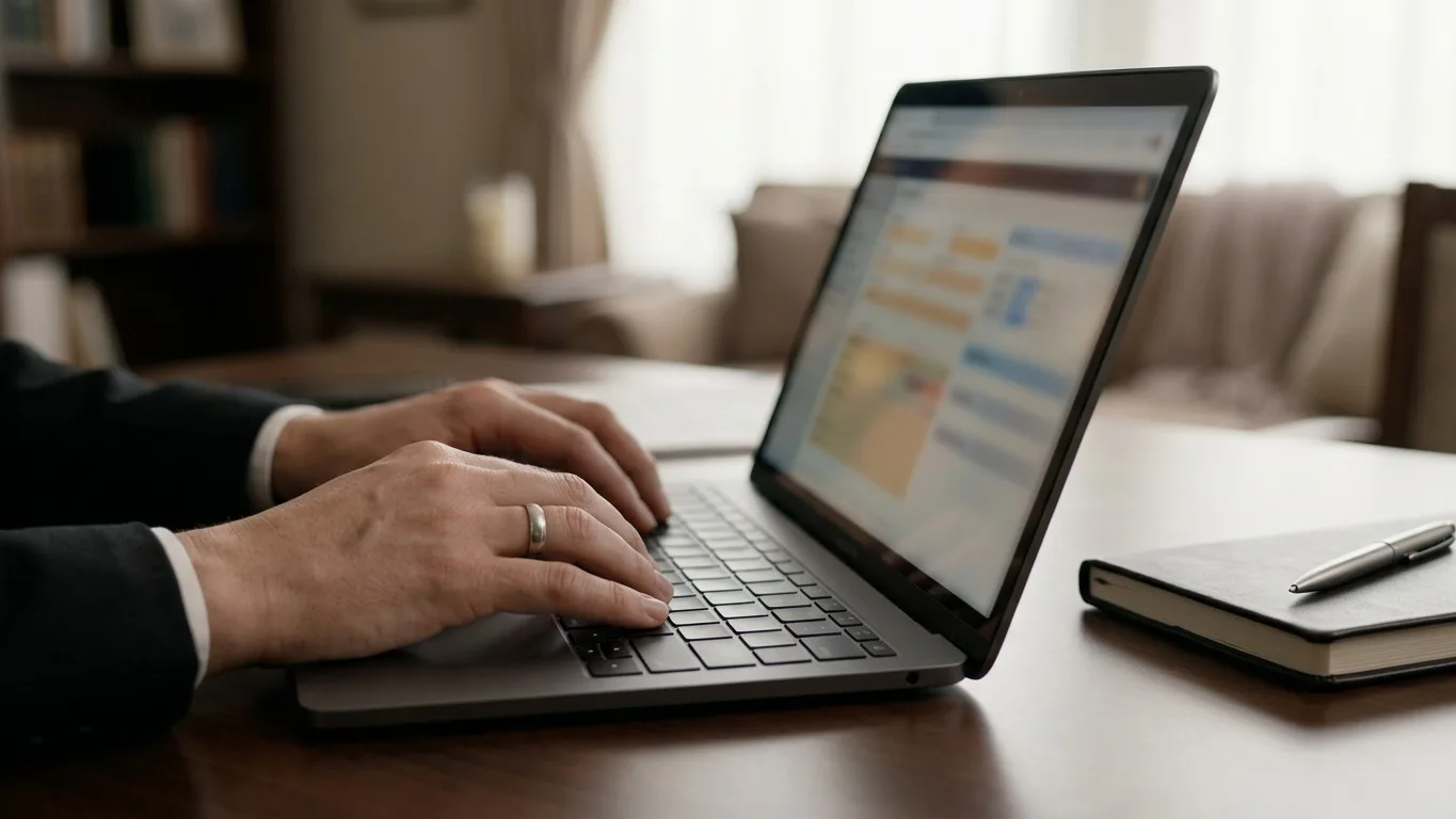 A funeral director uses a laptop during an arrangement meeting to keep notes organized.