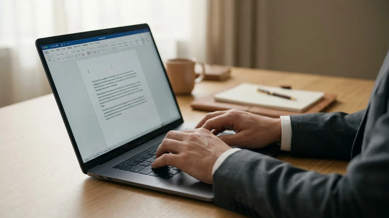 A person's hands at a keyboard, editing an obituary draft on a laptop screen.