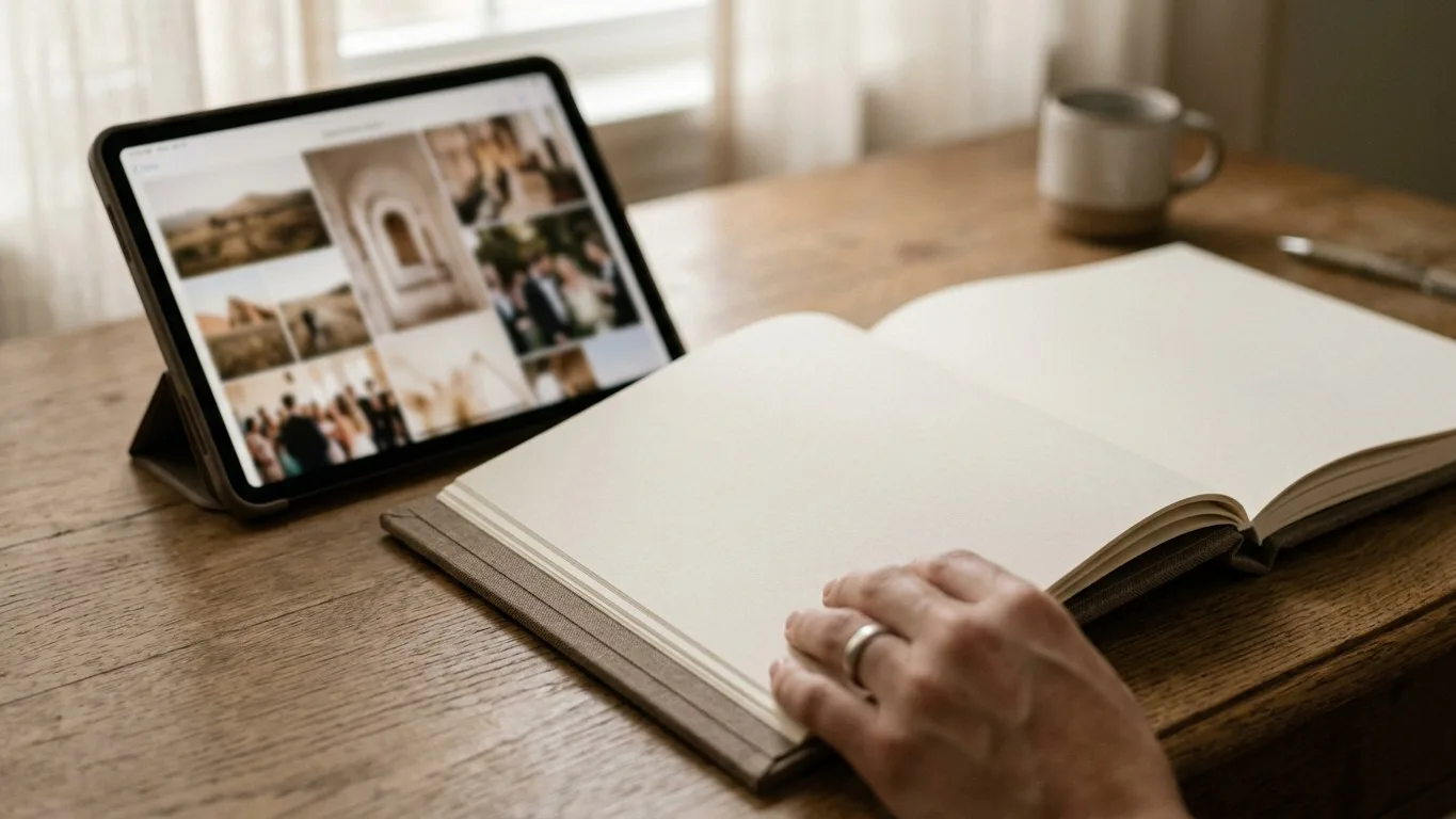 An open memory book and a tablet showing a photo gallery on a wooden desk.