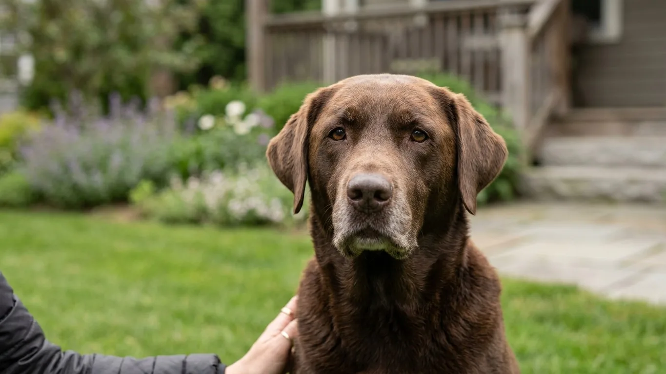 A close up image of a dog on a front lawn