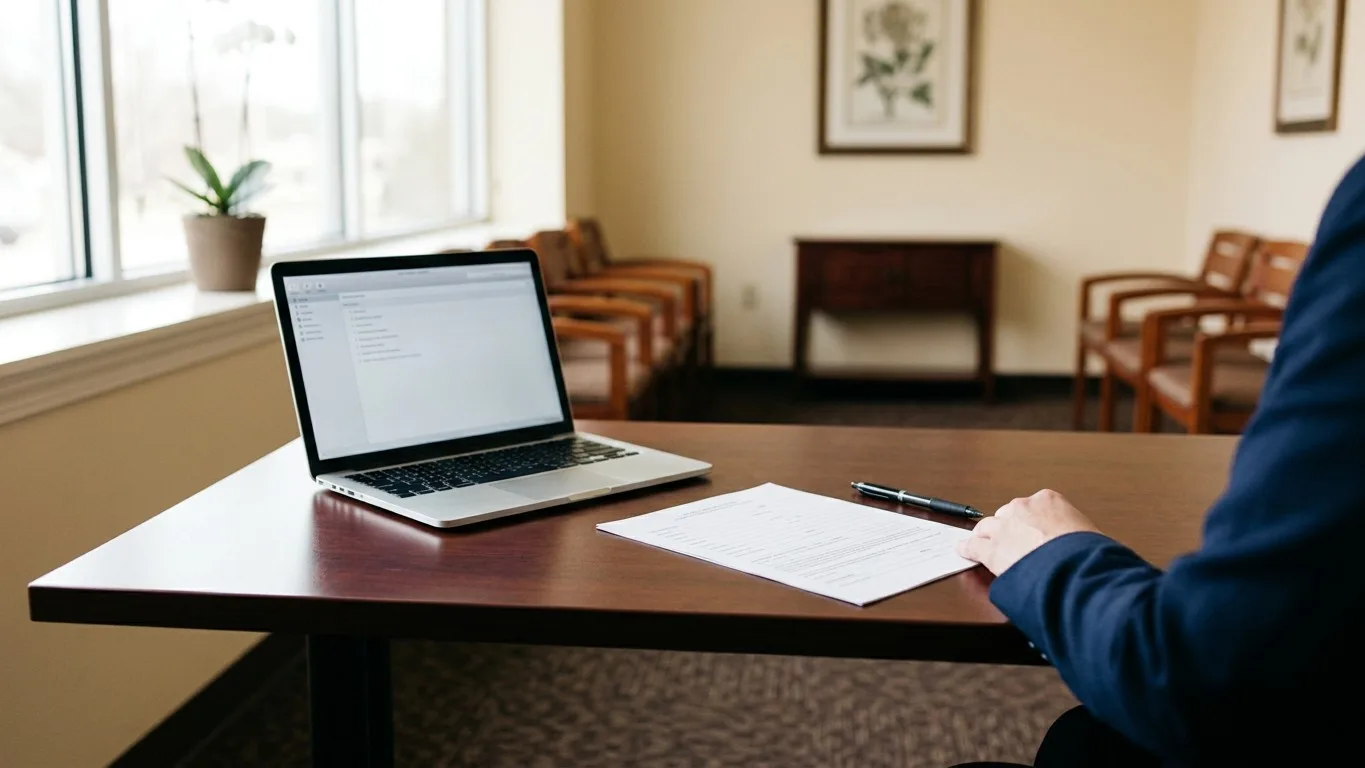 Laptop and a single form on an organized desk in a funeral home office.