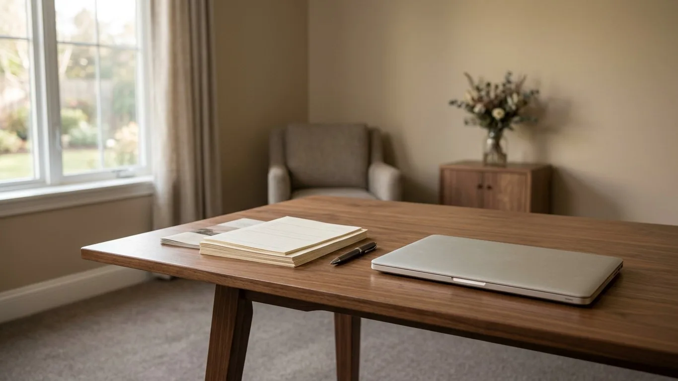 An empty funeral home arrangement room with a table, laptop, and papers.