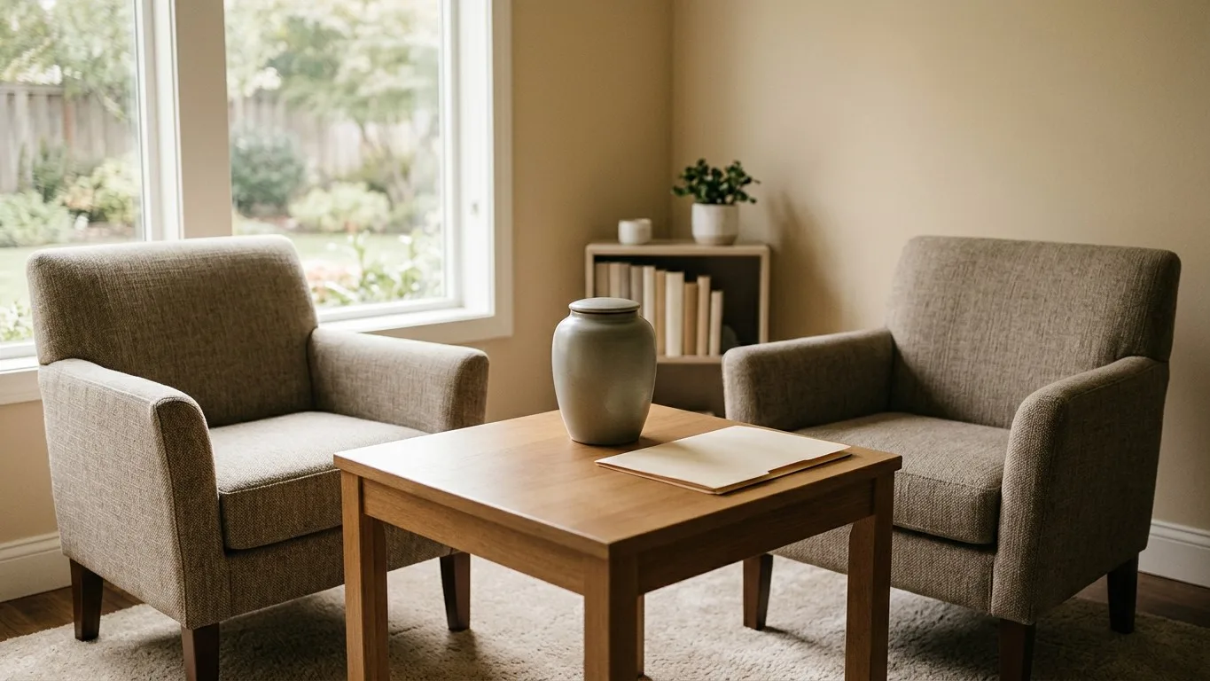 An arrangement room with two armchairs, a table, a simple urn, and a folder.