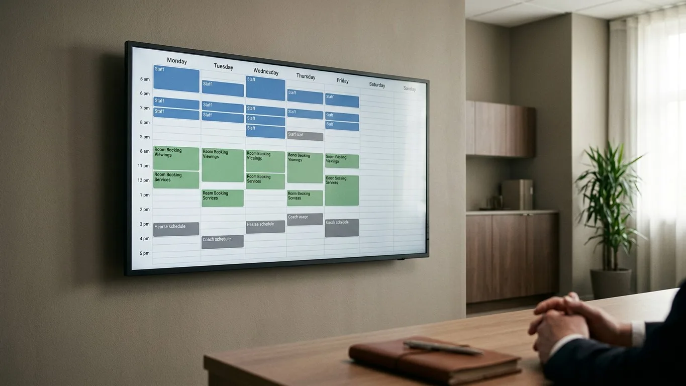 A digital scheduling screen in a funeral home office showing a full week's schedule.