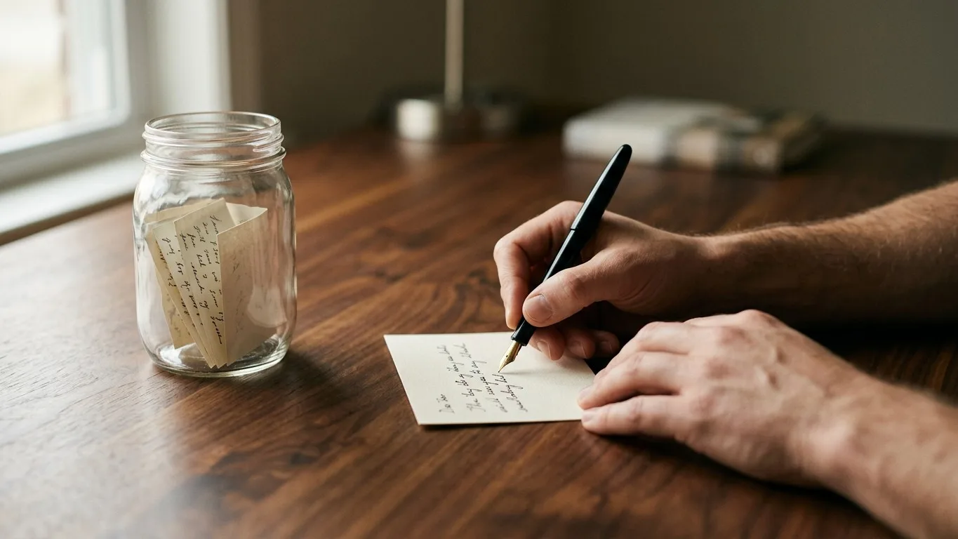 Hands writing a memory on a card to be placed in a memory jar during a celebration of life.