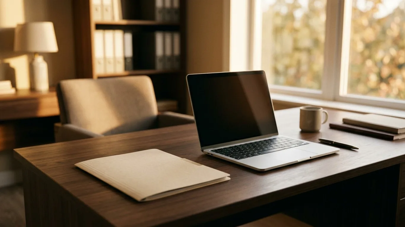 An organized desk in a funeral home office with a laptop and a file folder.