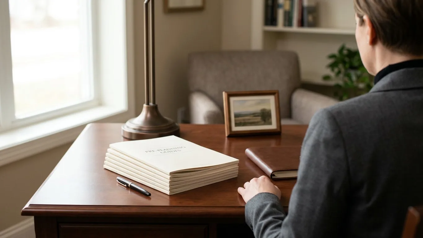 A stack of funeral pre-planning guides on a wooden desk in a quiet office.