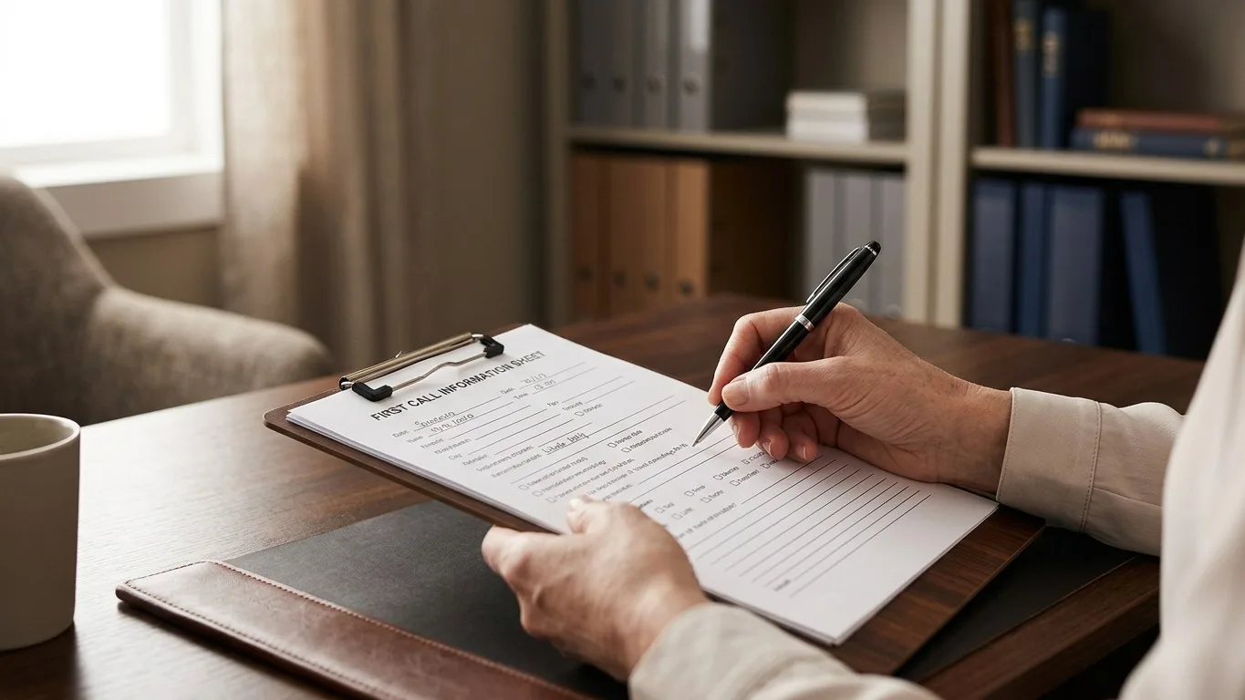 A funeral director's hands filling out a standardized intake form on a clipboard.