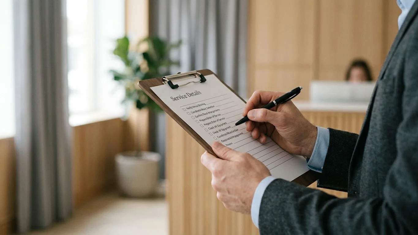 Hands holding a checklist on a clipboard in a funeral home office.
