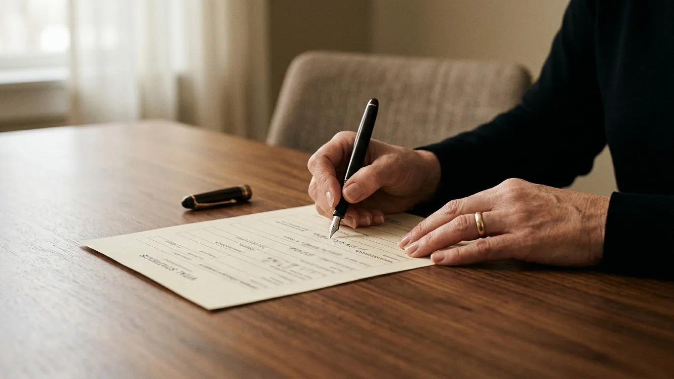A funeral director's hands filling out a form on a wooden desk.