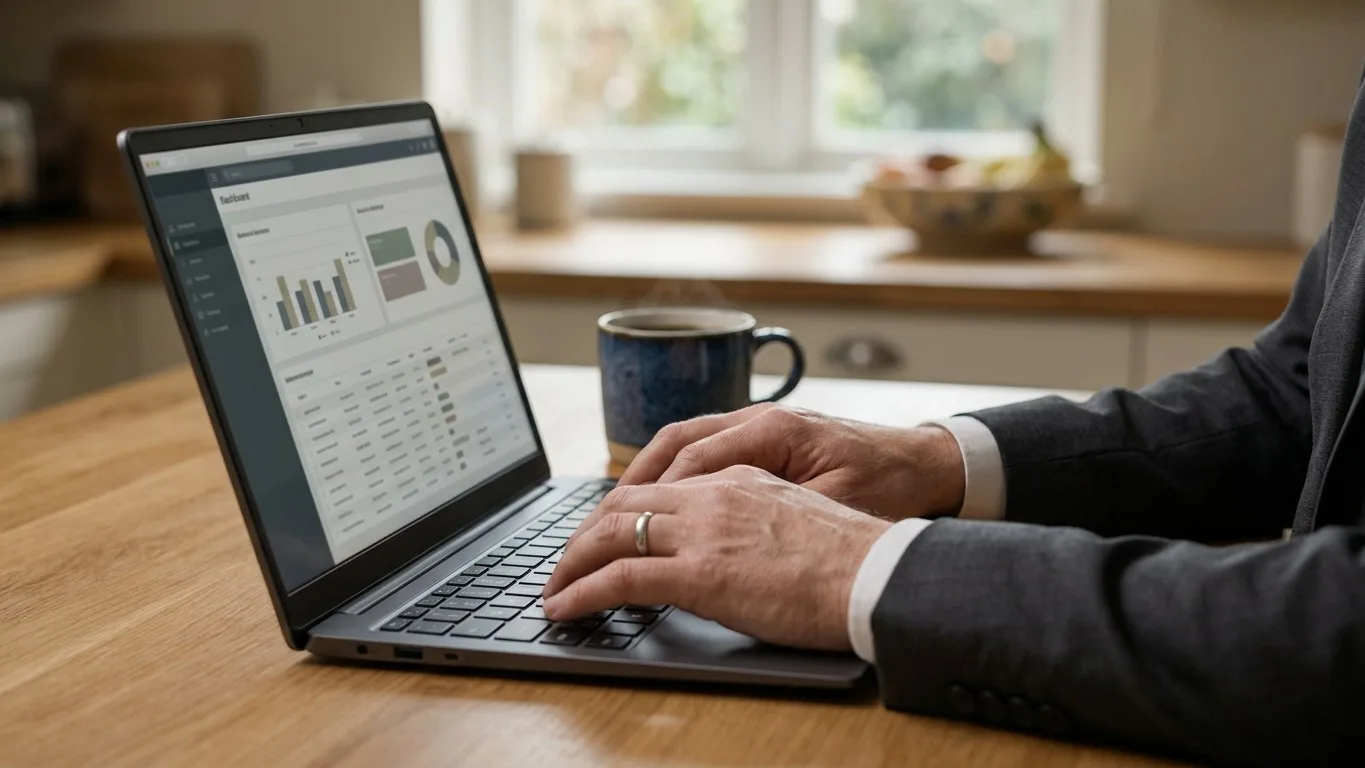 A funeral director's hands using a laptop at a kitchen table.