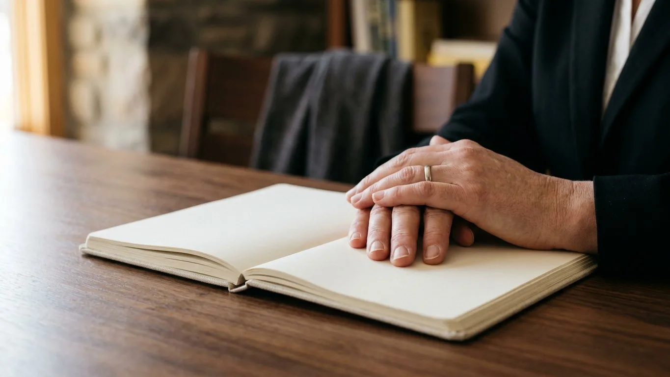A funeral director's hands resting on a blank notebook.